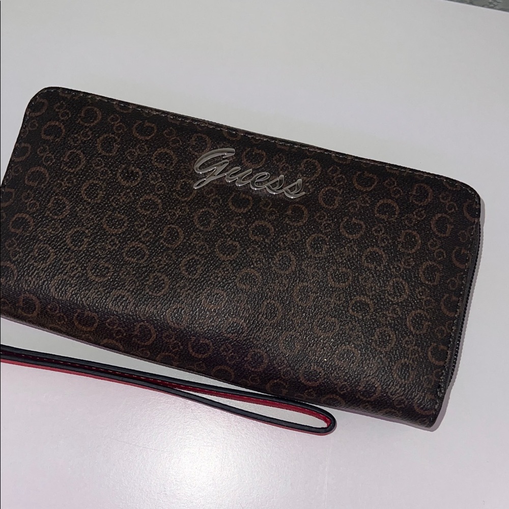 Guess Brown Monogram Zip Wallet with Red-Trim Wristlet